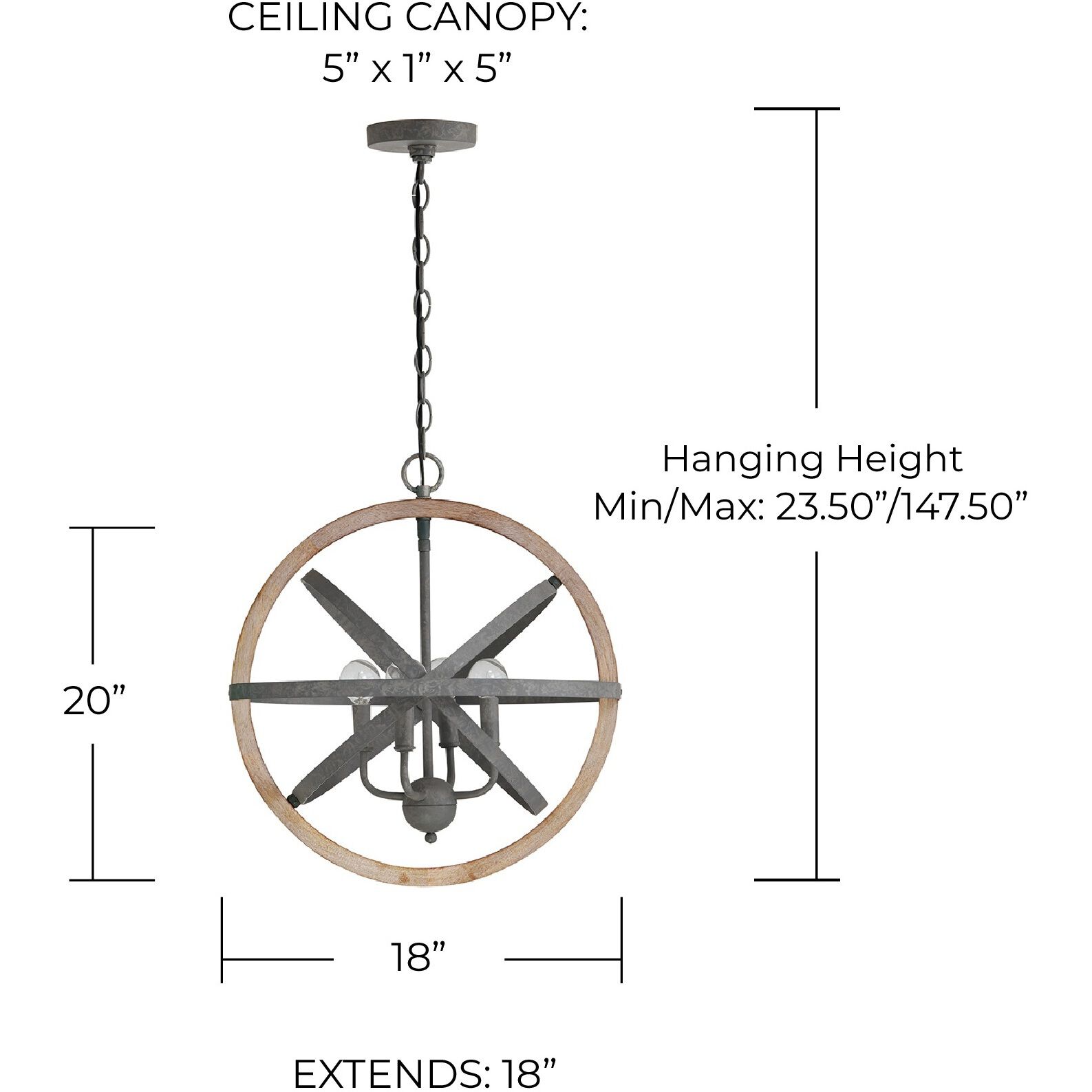 Chandler 4 Light 18 inch Iron and Wood Pendant Ceiling Light